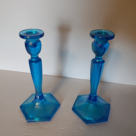 Fenton Northwood Candle Holders Blue Irridescent 8.5" tall - Picture 1 of 4